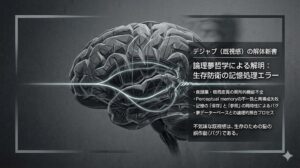 脳科学の視点で解体されるデジャブの正体。側頭葉や嗅周皮質の記憶処理バグを象徴する、冷徹な消炭色の脳の構造図。