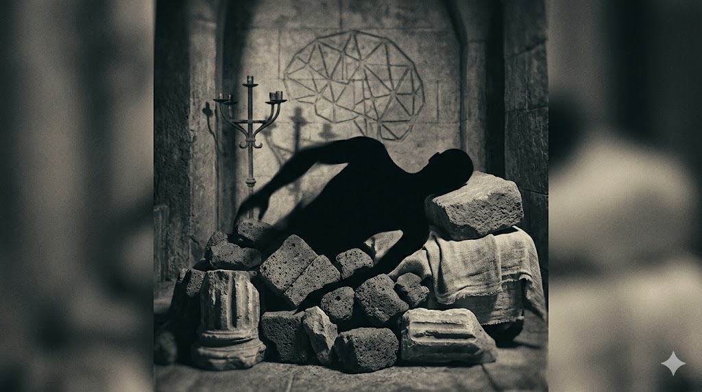 金縛りにおける脳の投影バグを象徴する、崩れた石と脳の幾何学的な影。