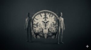 ドッペルゲンガー現象における脳の位置情報エラーを示す概念図。異なる座標に描かれた自身の残像