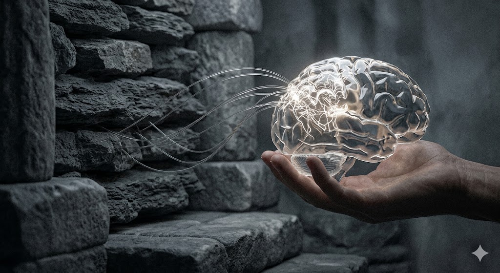 脳の側頭頭頂接合部（TPJ）が発光し、周囲の古代の石壁とガラスのフィラメントでつながっている、幽霊を見る脳の癖と幻覚の仕組みを象徴する格調高い概念画像。