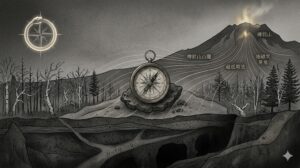 苫小牧・樽前山山麓の地磁気異常と幻覚の因果関係を示す解体新書的図解。狂ったコンパス、超低周波、生存防衛本能（ウロボロス）の象徴が消炭色の世界に描かれている。