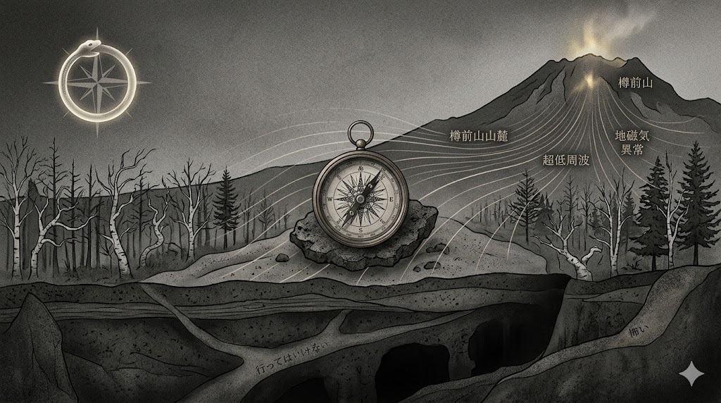 苫小牧・樽前山山麓の地磁気異常と幻覚の因果関係を示す解体新書的図解。狂ったコンパス、超低周波、生存防衛本能(ウロボロス)の象徴が消炭色の世界に描かれている。