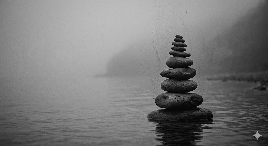 霧深い支笏湖の岸辺で、本能的に積まれた石塔が論理的な均衡を保ちながら佇む、不思議体験の解体新書による論理夢哲学の視覚的象徴。