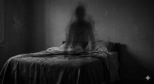 金縛りの原因である睡眠麻痺と脳の誤作動による幻覚を象徴する、暗い寝室に立ち上る影の概念図