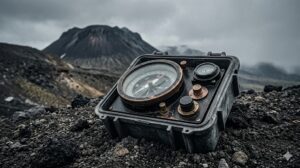 樽前山の磁場異常地帯における脳の誤作動を防ぐための、堅牢な物理的防壁としての装備概念図。論理的な生存戦略を象徴する精密な観測機器と火山礫。