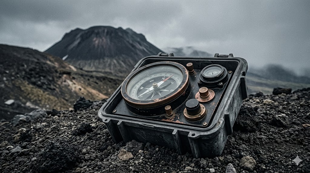 樽前山の磁場異常地帯における脳の誤作動を防ぐための、堅牢な物理的防壁としての装備概念図。論理的な生存戦略を象徴する精密な観測機器と火山礫。