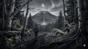 樽前山麓の火山礫と足音の幻聴を物理的に解体する論理概念図。多孔質の岩石が音を吸収し脳がパレイドリアを引き起こすメカニズム。