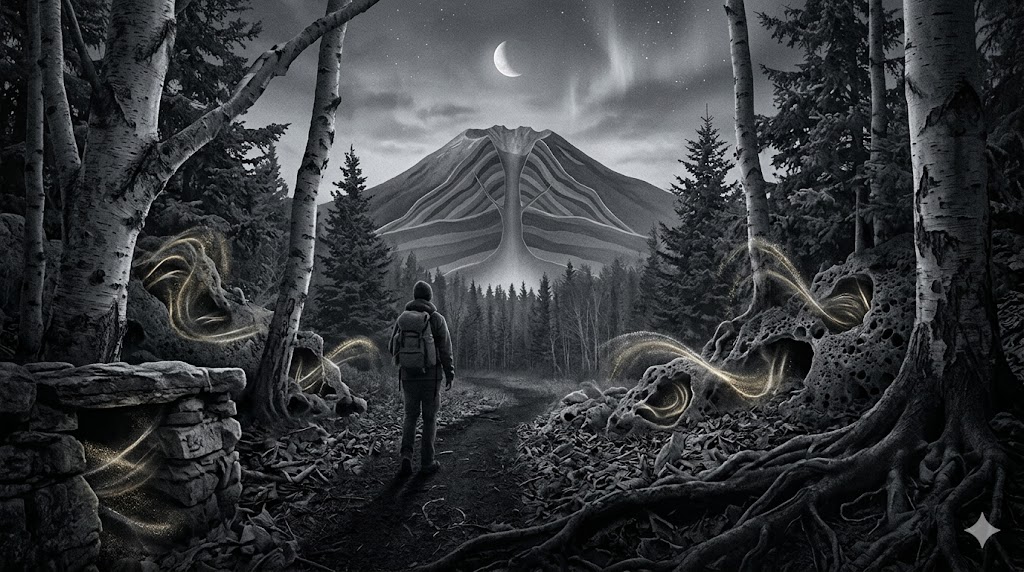 樽前山麓の火山礫と足音の幻聴を物理的に解体する論理概念図。多孔質の岩石が音を吸収し脳がパレイドリアを引き起こすメカニズム。