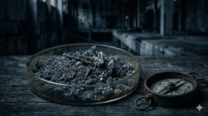 苫小牧・ジョイランド樽前の恐怖の正体を示す、シャーレに採取された黒い残留化学物質と錆びた方位磁石。論理的解体に基づく不可解な事象の物理的証拠。