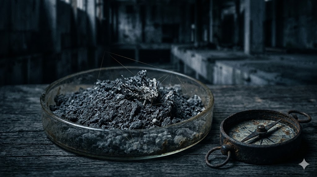 苫小牧・ジョイランド樽前の恐怖の正体を示す、シャーレに採取された黒い残留化学物質と錆びた方位磁石。論理的解体に基づく不可解な事象の物理的証拠。