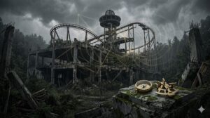 苫小牧の廃墟ジョイランド樽前の磁場異常を論理的に解体する黄金のコンパスと低周波音の象徴、事象の解体観測者による生成画像