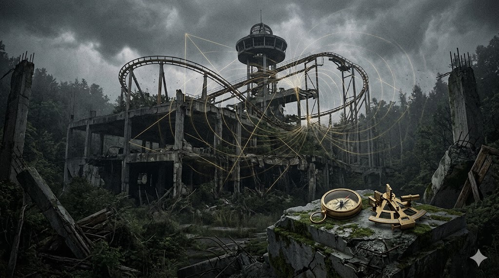 苫小牧の廃墟ジョイランド樽前の磁場異常を論理的に解体する黄金のコンパスと低周波音の象徴、事象の解体観測者による生成画像