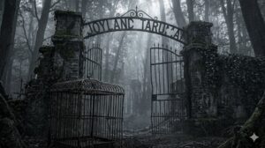 苫小牧の廃墟動物園ジョイランド樽前、霧に包まれた朽ちた獣舎跡と森が象徴する残留思念。