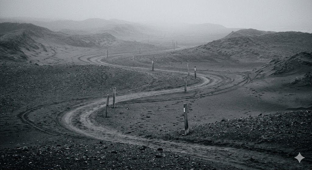 苫小牧・錦岡の火山礫地帯に現れる、同じ場所に戻る怪異を象徴する、循環する霧の道と足跡。