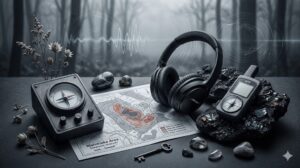 苫小牧・錦岡の磁気異常地帯における脳のバグを防ぐための、GPS、コンパス、感覚ケア用ヘッドフォンと論理の鍵の静物画。