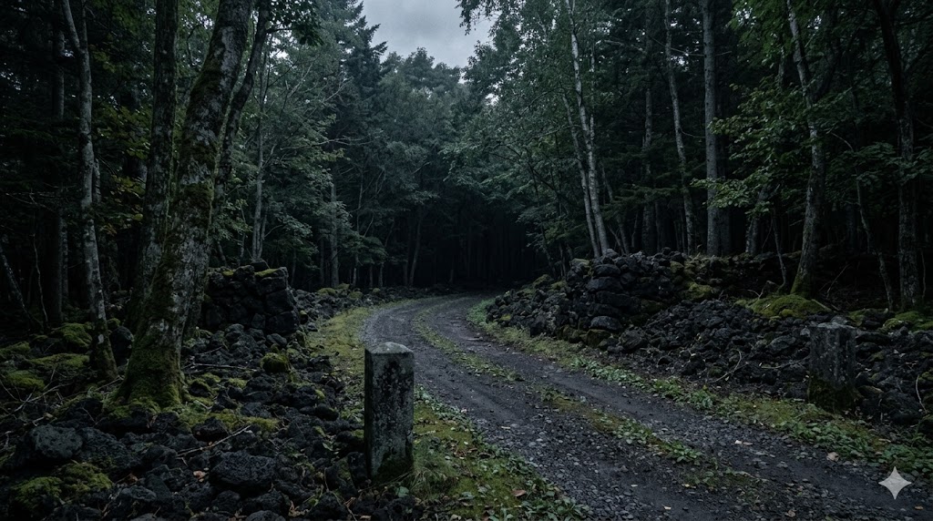 苫小牧市錦岡の林道における消音現象を象徴する、火山礫（スコリア）が堆積した暗い森と静寂な未舗装路の風景。不思議体験の解体新書による物理的考察。