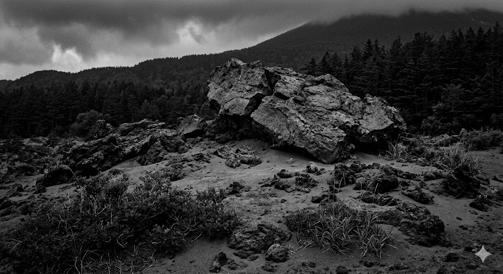 苫小牧・樽前山の火山礫と磁気異常を象徴する黒い岩石の風景。低周波と磁場による脳のバグを論理的に解体する。