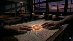 放課後の教室で、文字盤の上の10円玉に指を添えるコックリさんの様子。硬貨から神経回路のような光が広がるイメージ。