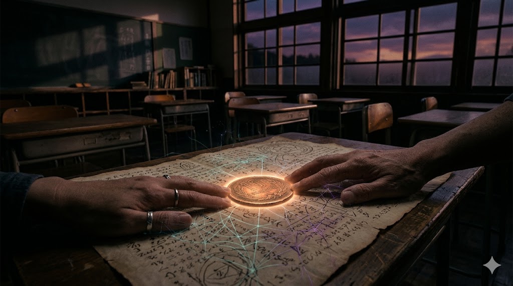 放課後の教室で、文字盤の上の10円玉に指を添えるコックリさんの様子。硬貨から神経回路のような光が広がるイメージ。