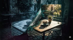 陽光が差し込むカフェの風景がステッカーのように剥がれ、その下から全く同じ「過去の記憶」のような青白い層が現れている、デジャブを象徴する視覚的イメージ。