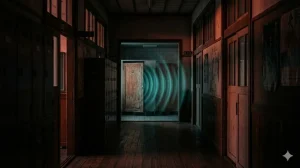 夕暮れ時の古い校舎の廊下。一番奥のトイレの個室から、音響共鳴を象徴するシアン色の波紋が広がっているイメージ。