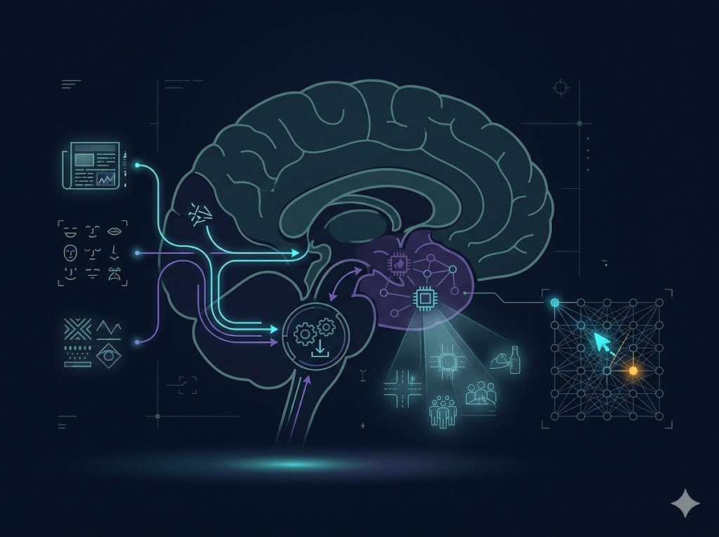 脳のホログラム断面図。無意識下の「潜在学習」によって集められたデータから、眠っている間に未来のシミュレーションが進行し、確率的に一つの「的中」が収束するプロセスをシアン色の線画で図解している。