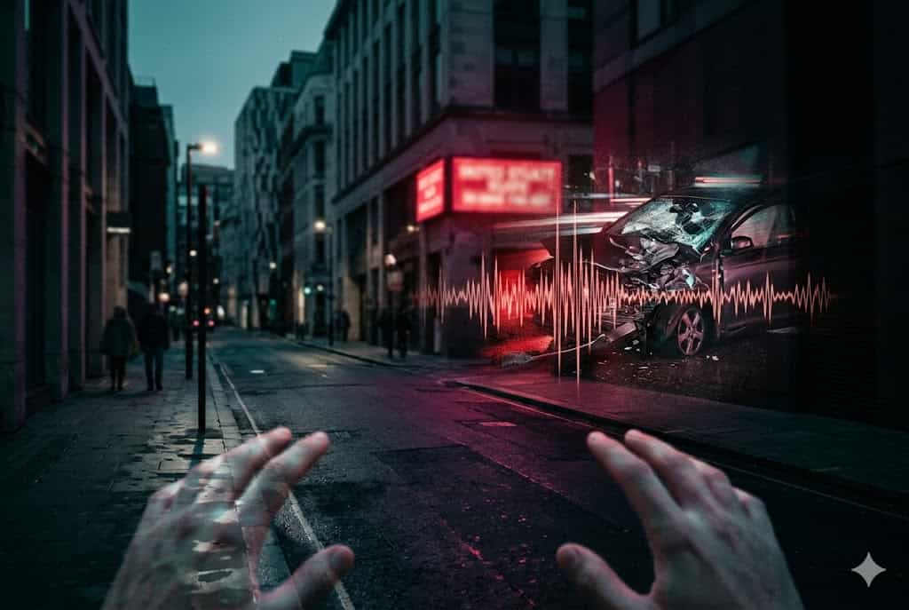 一人称視点（POV）の朝の通勤路。赤い看板のある交差点で、夢の記憶（事故の瞬間など）が現実の上にノイズの多い、多重露光のような粒子状で重なり、予知夢の不気味さを可視化している。