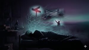 暗闇で眠る人物のシルエット。脳から、夢で見た事故や交差点の断片がシアン色の神経回路の網に包まれて放射され、未来予知の科学的イメージを表現している。