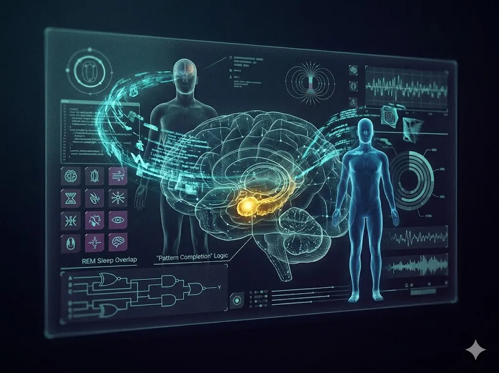 脳のホログラム断面図。扁桃体が琥珀色に脈動し、自己の身体図式（ボディースキーマ）が情報の混乱によって外部の人影として投影されるメカニズムを図解している。