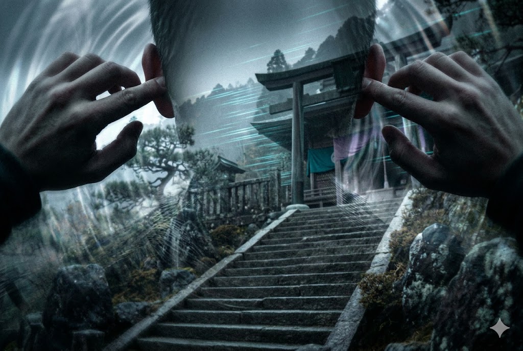 両耳を軽く押さえる一人称視点の光景。背景の神社の森が眩暈のように歪み、頭蓋骨の裏側で鳴り響く鋭い耳鳴りの感覚が銀色の視覚ノイズとして表現されている。