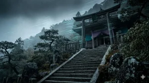 山頂の神社の入り口へと続く石段。銀色に澄んだ空気の中を、鋭い高周波の音波を象徴するシアン色の光の線が貫いているイメージ。
