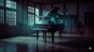 夜の音楽室に置かれたピアノ。弾き手がいないにもかかわらず、物理的な共鳴を象徴するシアン色の光の波紋がピアノから溢れ出しているイメージ。