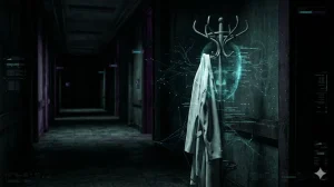 暗い廊下の隅にあるコート掛け。白い服が人の形に見え、その上に脳のパレイドリア現象を象徴するシアン色の顔の輪郭が浮かび上がっているイメージ。