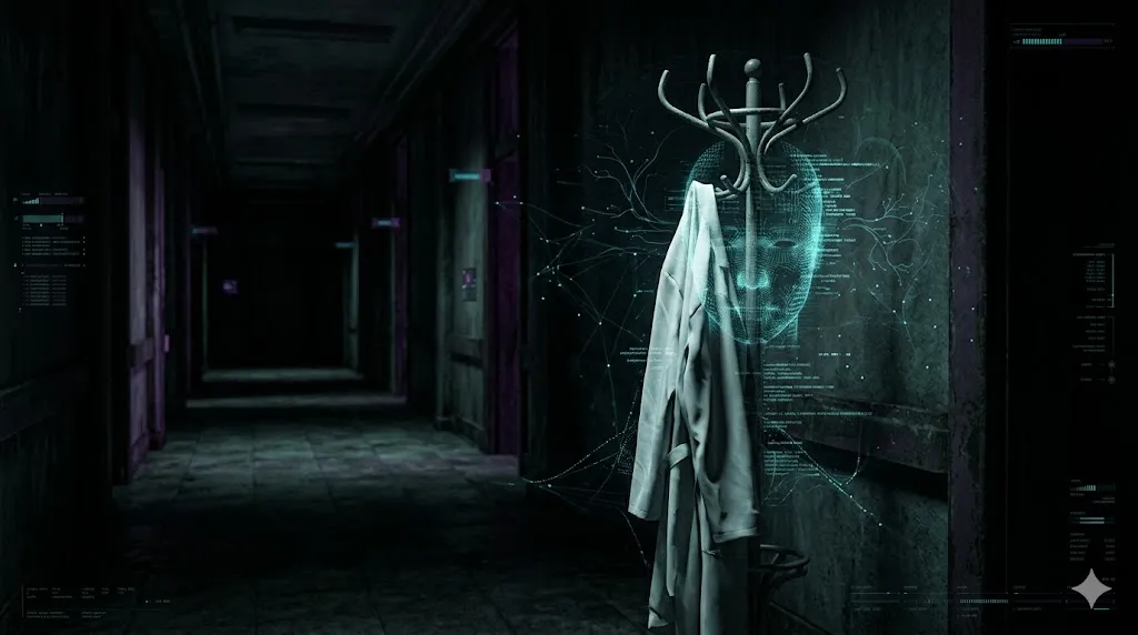 暗い廊下の隅にあるコート掛け。白い服が人の形に見え、その上に脳のパレイドリア現象を象徴するシアン色の顔の輪郭が浮かび上がっているイメージ。