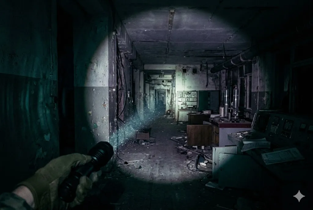 暗い廃墟を探索する一人称視点。懐中電灯の光が埃を照らす中、視界の端で空気がわずかに歪み、「声」として認識される直前の空気の震えを表現している。