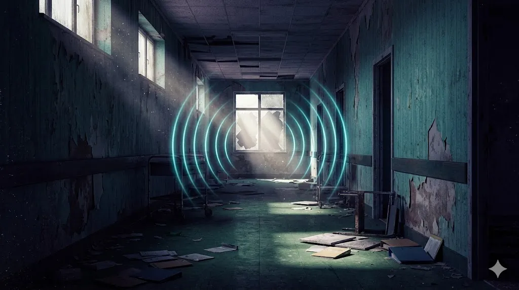 剥がれ落ちた壁紙が並ぶ廃病院の廊下。割れた窓から発生したシアン色の同心円状の音波が、静寂の中に広がる建築物理学的なイメージ。