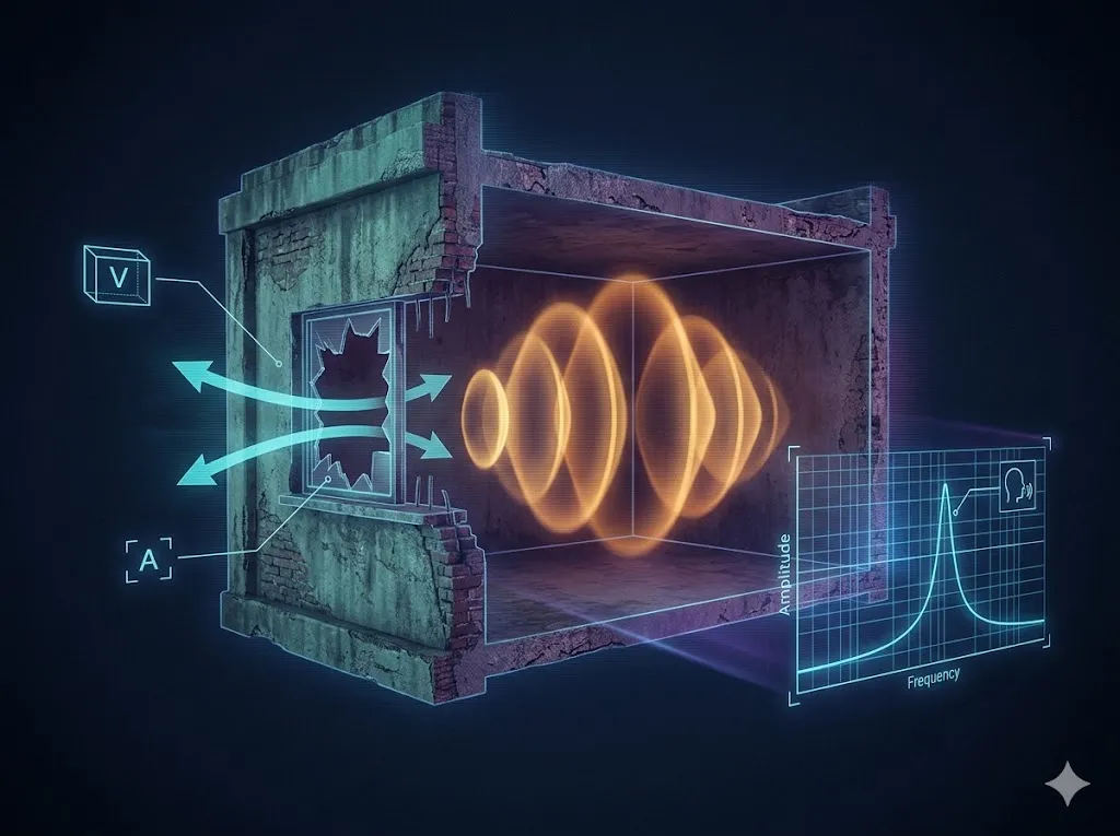 廃墟の個室の断面図を用いた科学図解。割れた窓から入る気流が、室内全体の空気を巨大な笛のように共鳴させ、特定の周波数を増幅させるプロセス。
