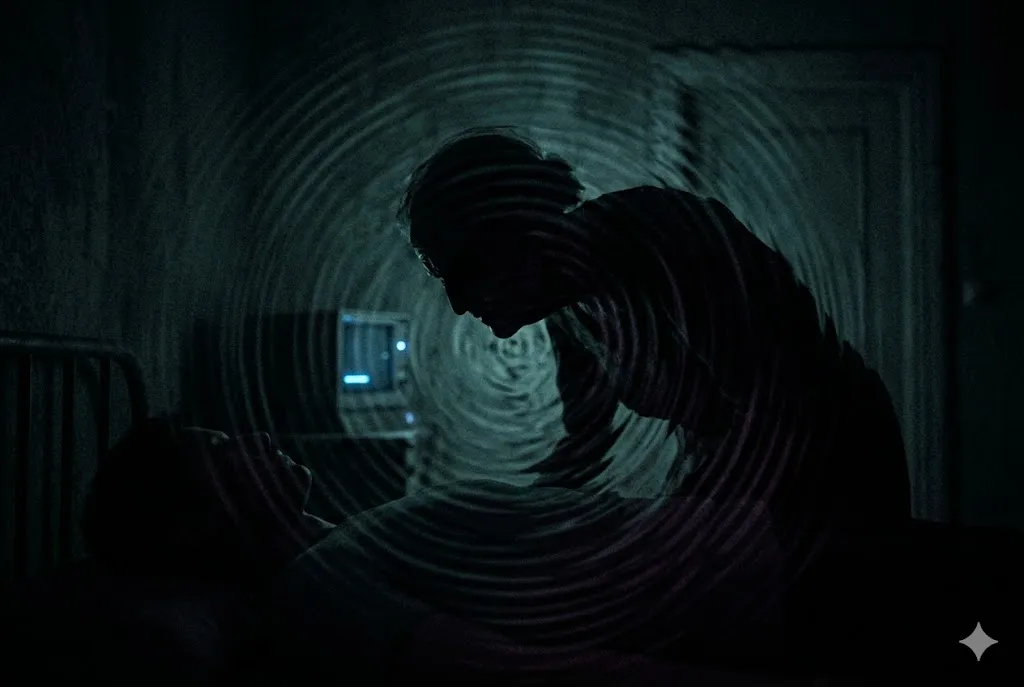 金縛り中の一人称視点。枕元から覗き込む不気味な老婆のシルエットと、胸を圧迫されるような重苦しい空気感を表現している体験描写。