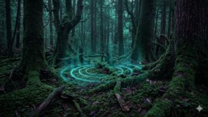 深い苔に覆われた森。中心から広がる音波を象徴するシアン色の輪が、ふかふかの地面や樹木に吸い込まれ、消えていく物理学的なイメージ。