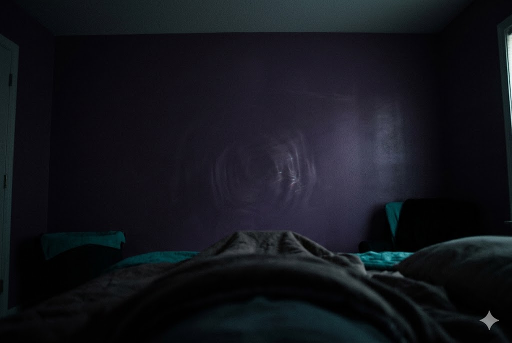 暗い部屋で横たわる一人称視点。壁の一点を見つめる中、空気がわずかに波打ち、不意に響く「コン」という音の衝撃波が視覚化されている描写。