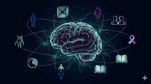 暗闇に浮かぶ、シアン色に光る人間の脳のホログラム。その周囲を金縛りやデジャブなど10の不思議体験を象徴する光の断片が衛星のように周回している。