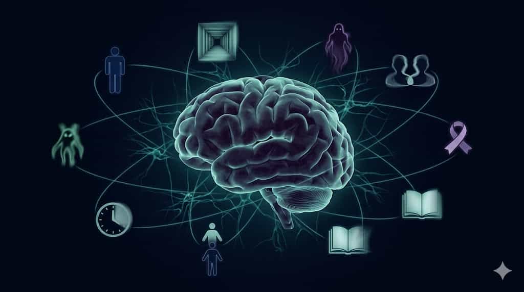 暗闇に浮かぶ、シアン色に光る人間の脳のホログラム。その周囲を金縛りやデジャブなど10の不思議体験を象徴する光の断片が衛星のように周回している。