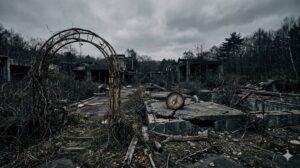 苫小牧・ジョイランド樽前跡地の不気味さを解明する、火山性地質による磁気異常と廃墟の音響的干渉を象徴するコンパスと崩れた構造物の風景。