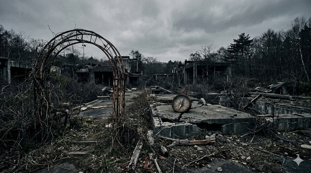 苫小牧・ジョイランド樽前跡地の不気味さを解明する、火山性地質による磁気異常と廃墟の音響的干渉を象徴するコンパスと崩れた構造物の風景。
