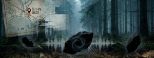 霧が立ち込める苫小牧・錦岡の森と、地中に埋まった音を吸収する謎の黒い石。周囲の地図が歪み、静寂が支配する超常現象のイメージ。