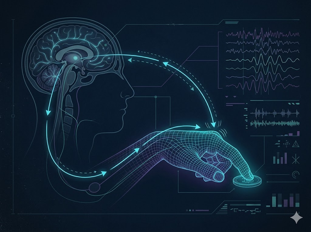 観念運動の仕組みを示す科学図解。潜在意識からの微細な筋肉収縮が10円玉を動かすプロセスを青い線画で表現。