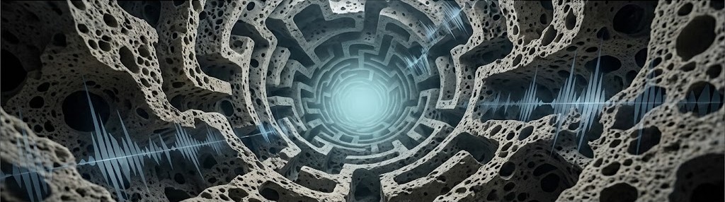 「不思議体験解体新書」の文字の下に、無数の穴が開いた軽石のような岩石で形成された幾何学的な迷宮の断面。迷宮の中央から発光する冷たい光と、その光に向かって収束し、消失していく青い音声波形のビジュアル。上下に広い白空白を持つアイキャッチ。