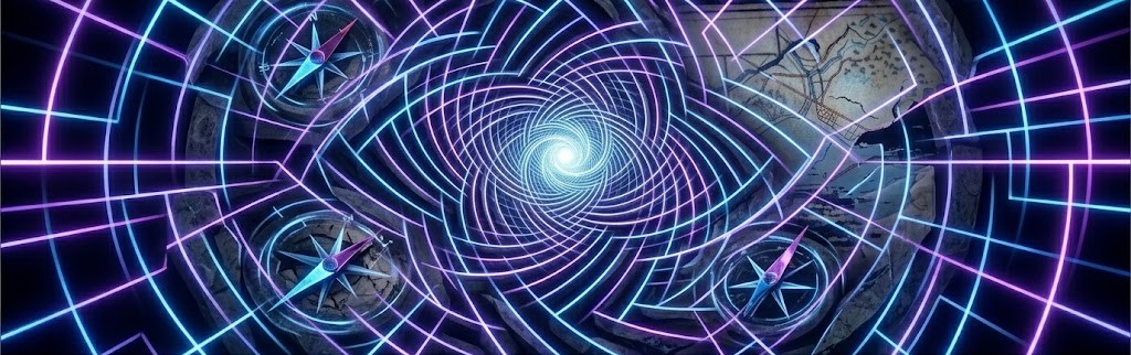 「不思議体験解体新書」の文字の下に、発光するネオンブルーとネオンパープルの幾何学的なラインが複雑に絡み合い、視覚的な迷宮を作り出している中央の帯。そのラインの中では、方位磁石の針が複数回転し、多重露光のように重なっている。上下に広い白空白を持つアイキャッチ。