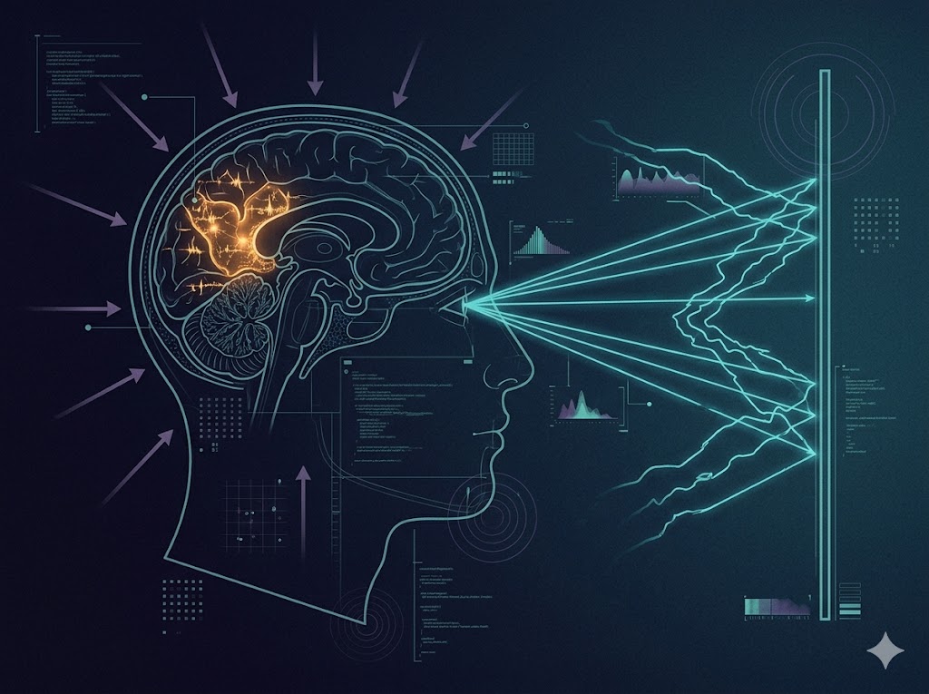 鏡からの光の反射と、脳内の右角回が反応している様子を示す科学図解。トロクスラー効果による情報の消失を可視化している。