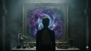 薄暗い洗面所で鏡を見つめる人物のシルエット。鏡の中の顔が青紫色の光の渦へと溶け出し、視覚バグが生じている様子。